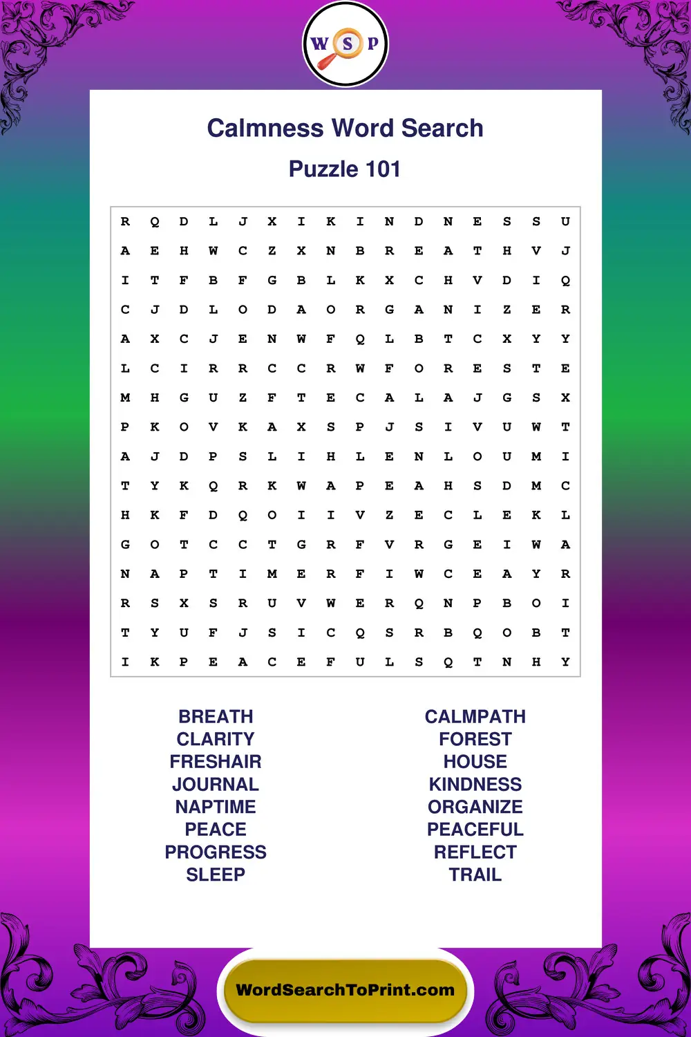 Calmness Word Search Puzzle 101