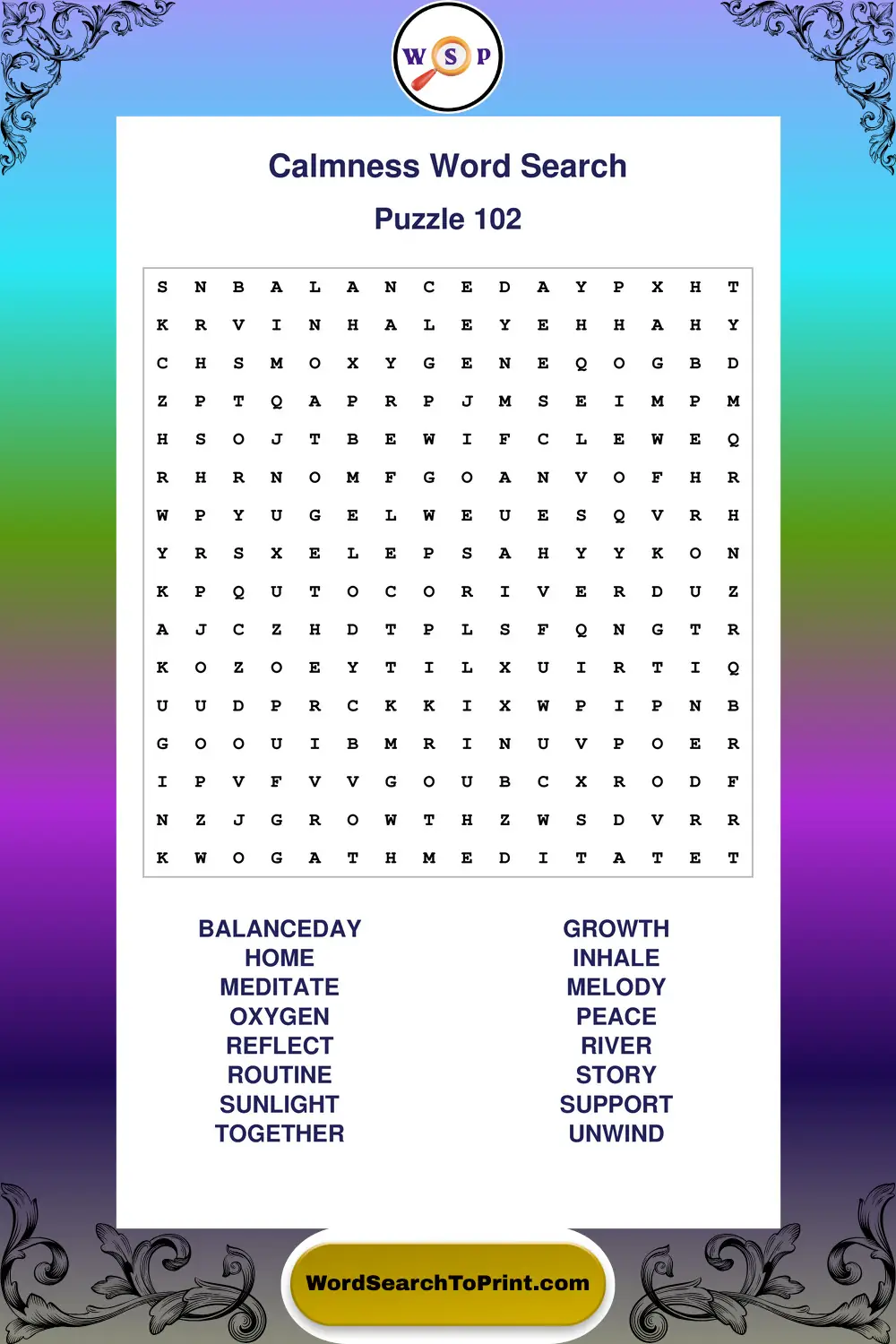 Calmness Word Search Puzzle 102