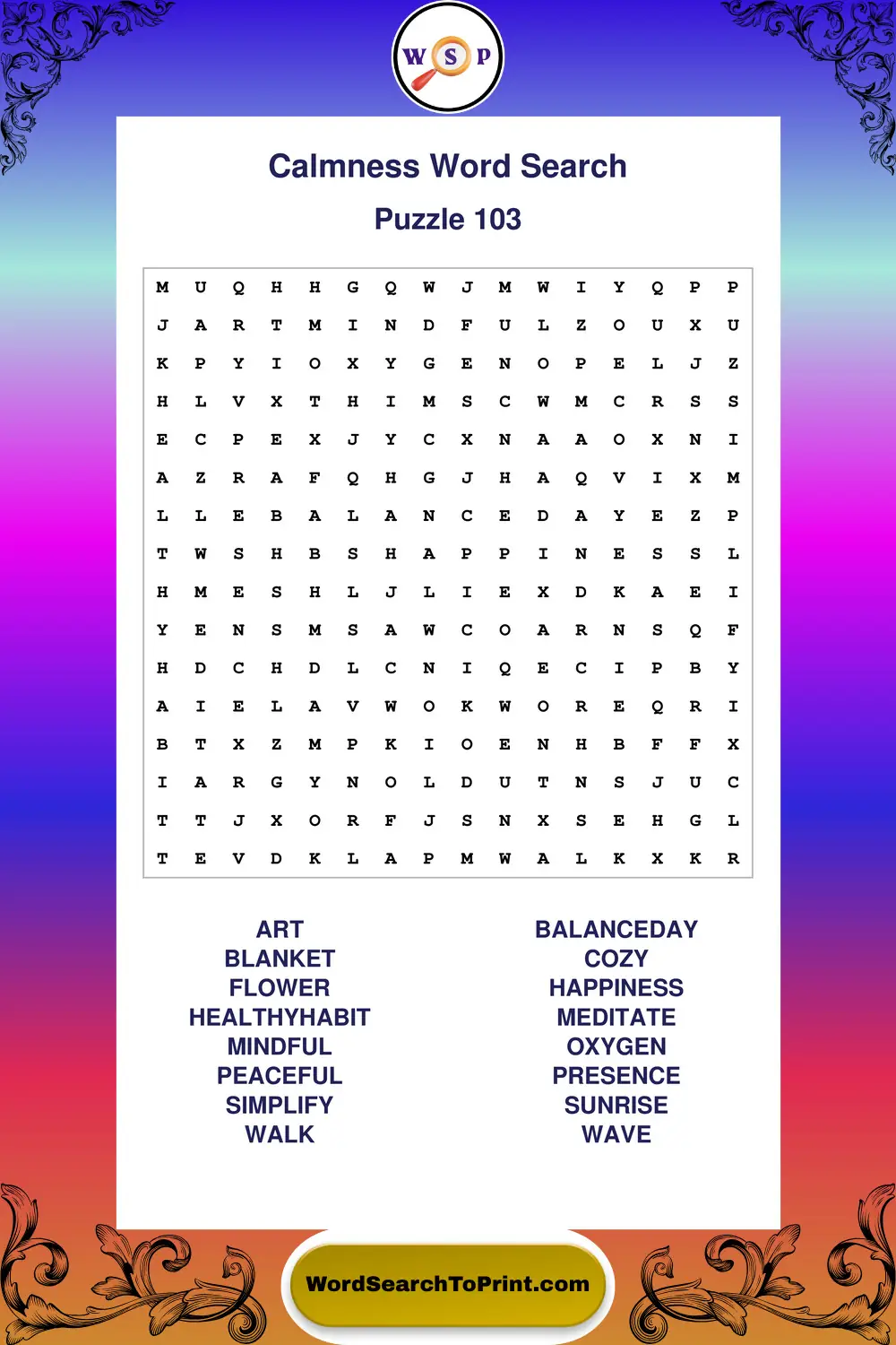 Calmness Word Search Puzzle 103