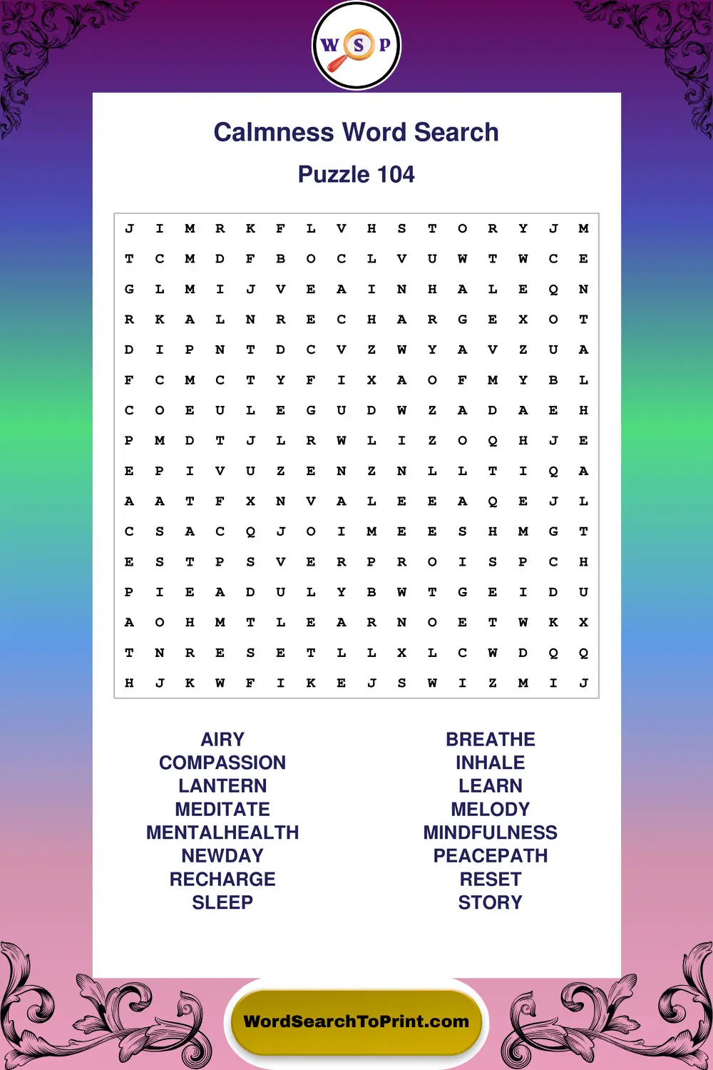 Calmness Word Search Puzzle 104