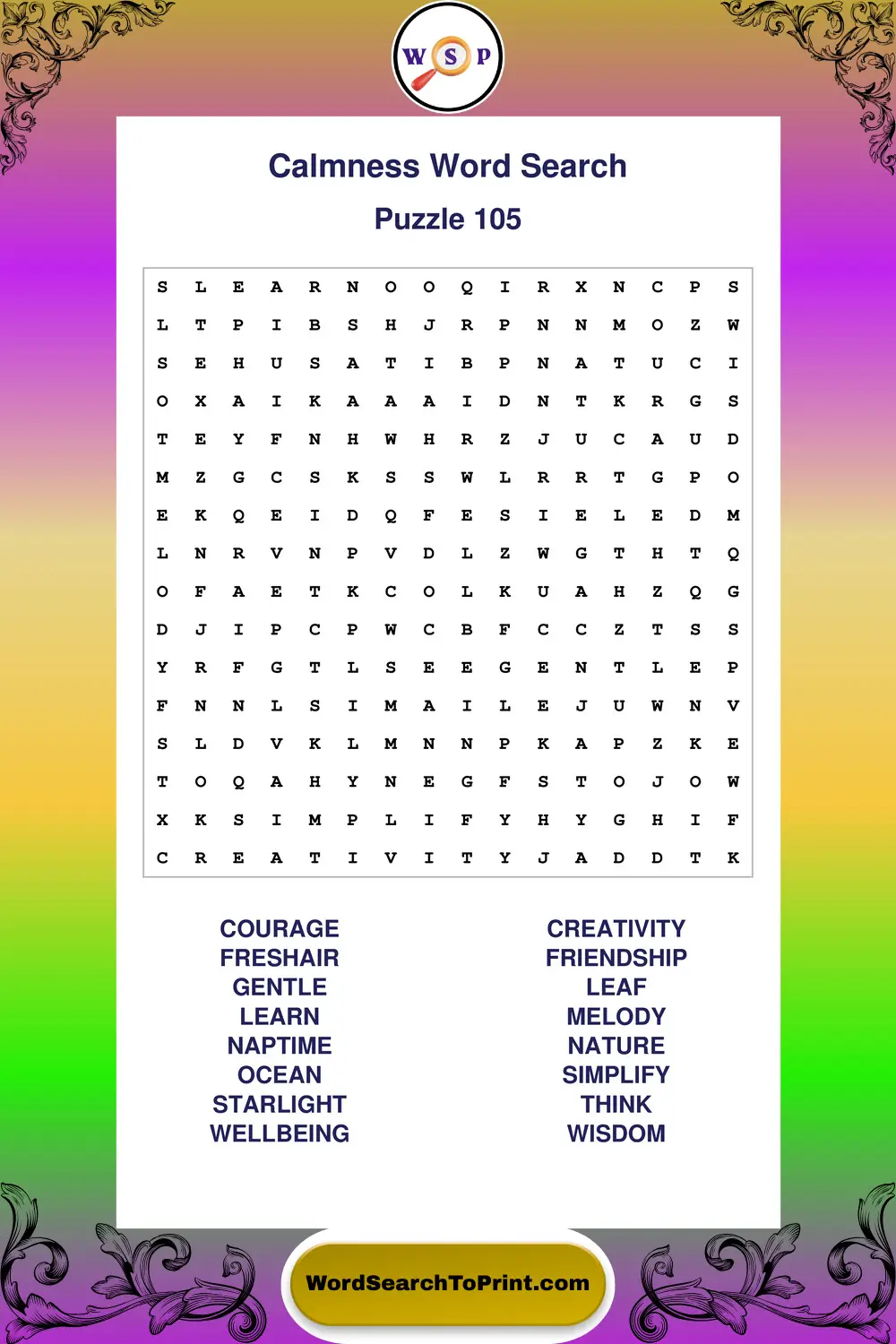 Calmness Word Search Puzzle 105