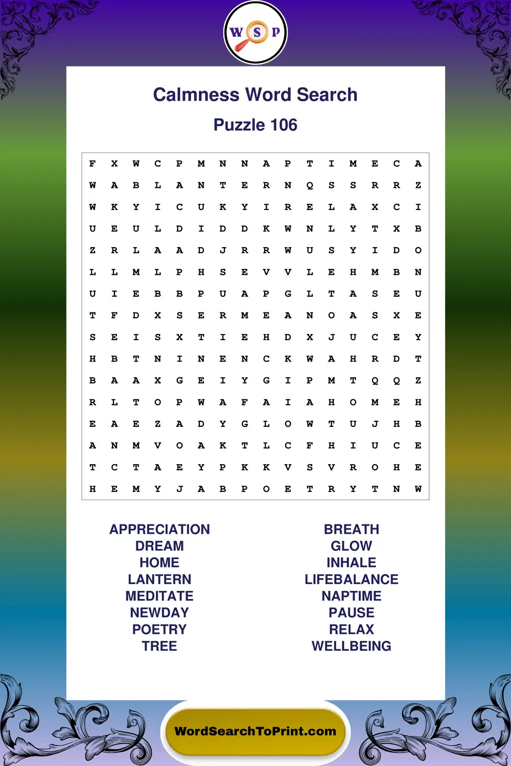 Calmness Word Search Puzzle 106