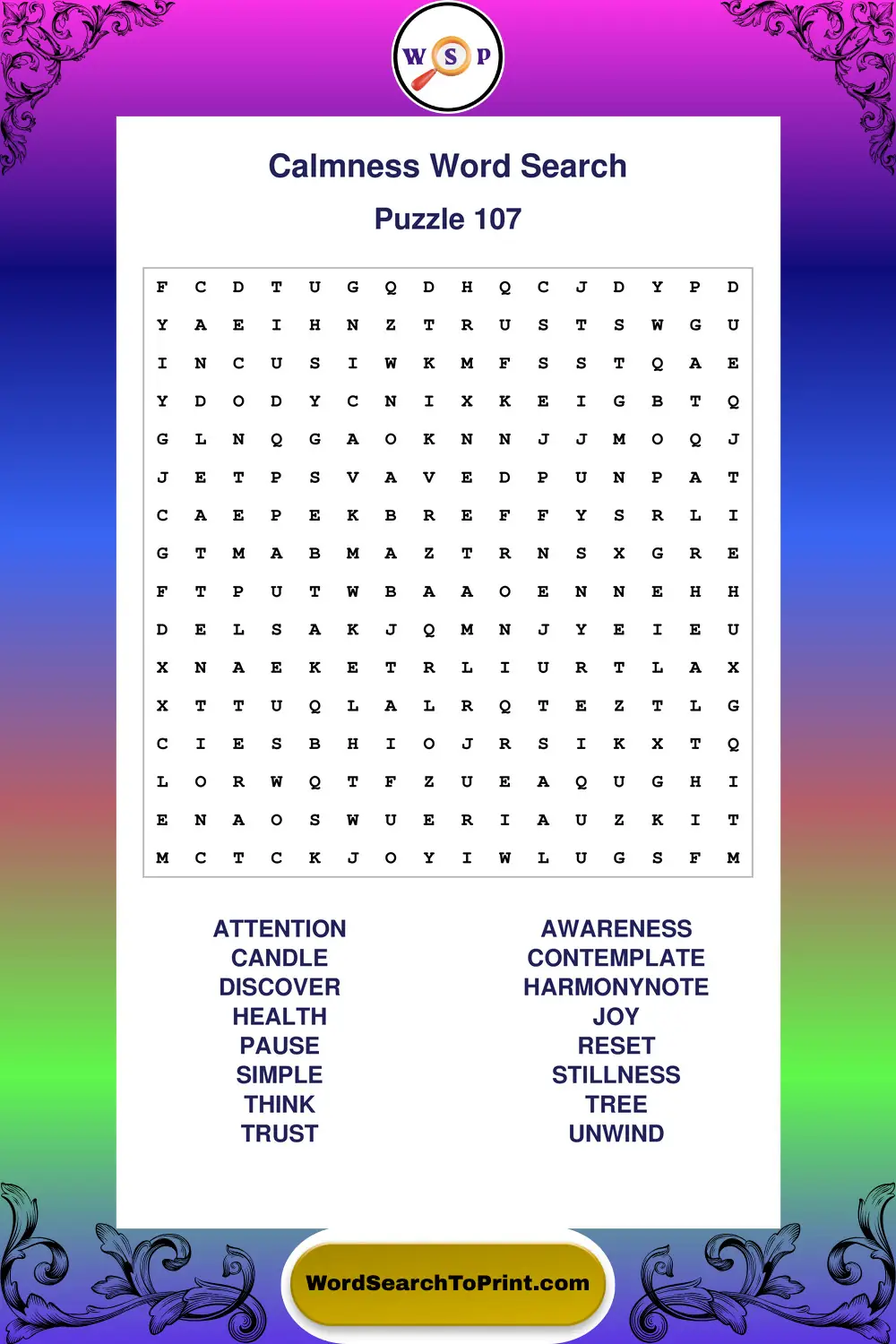 Calmness Word Search Puzzle 107