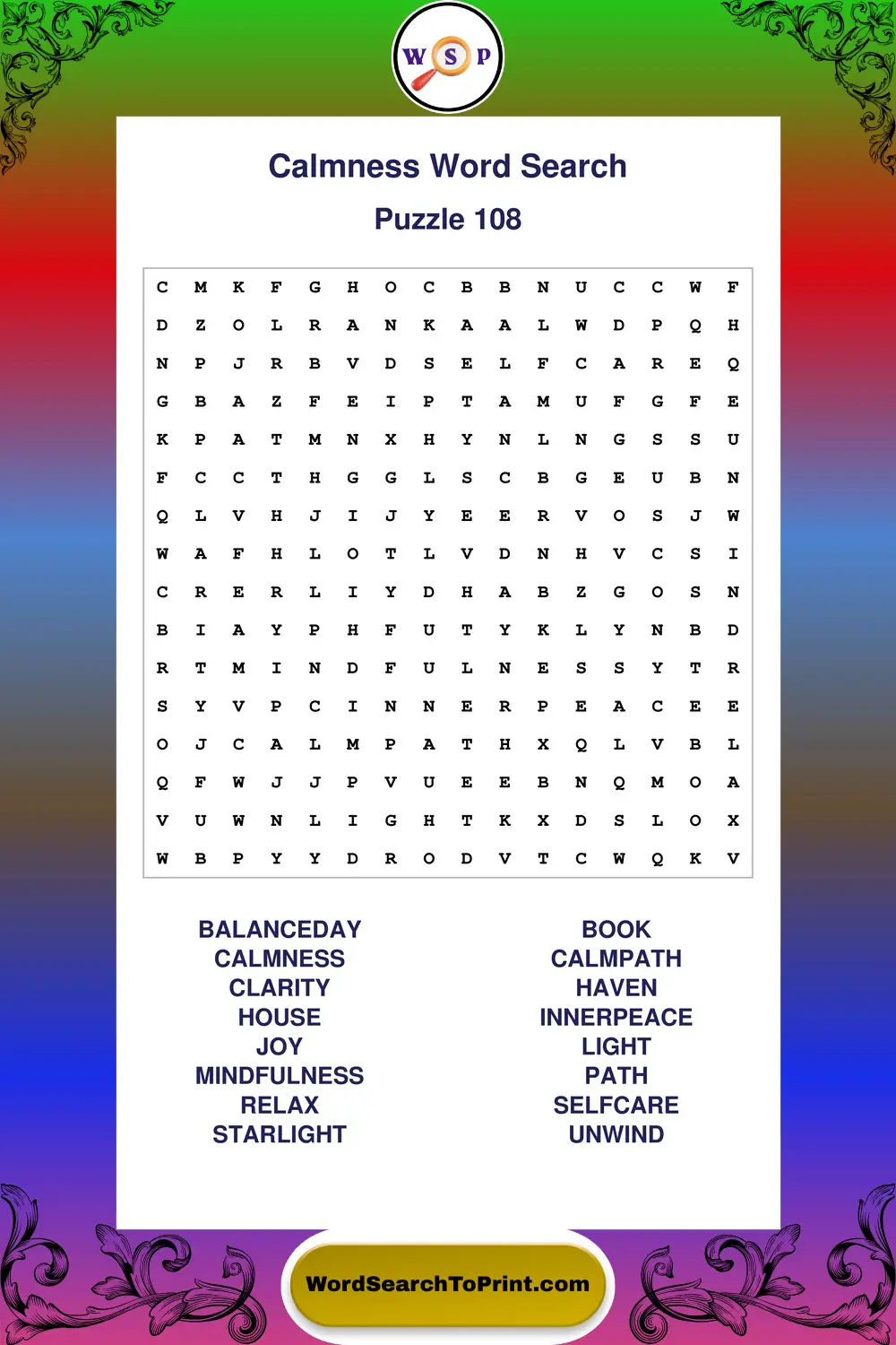 Calmness Word Search Puzzle 108