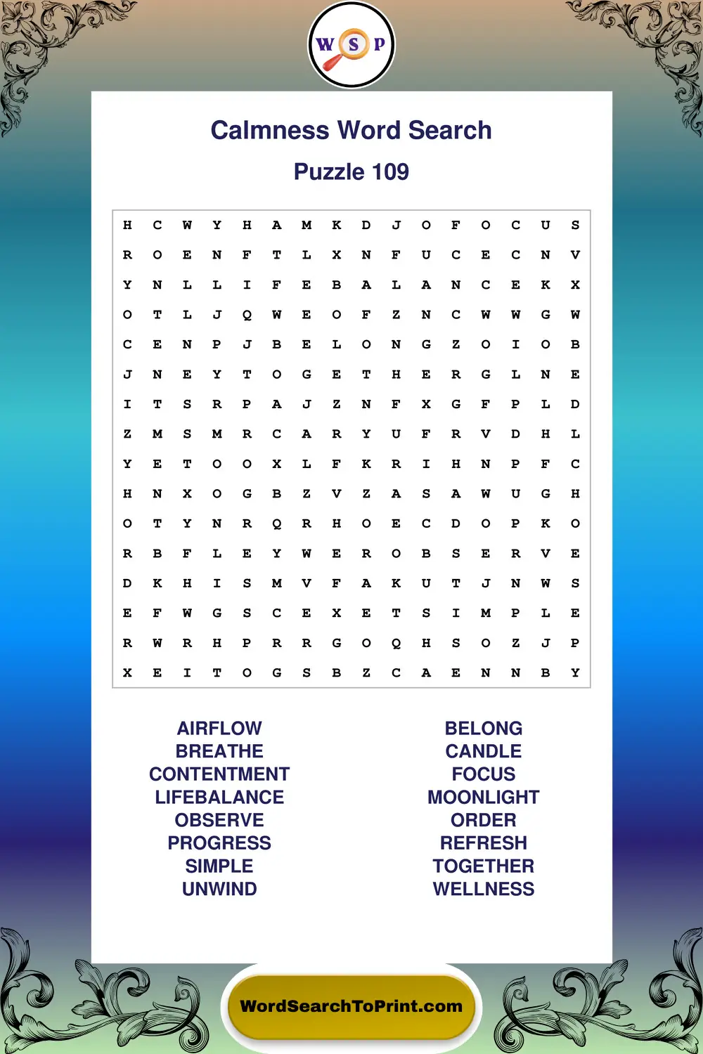 Calmness Word Search Puzzle 109