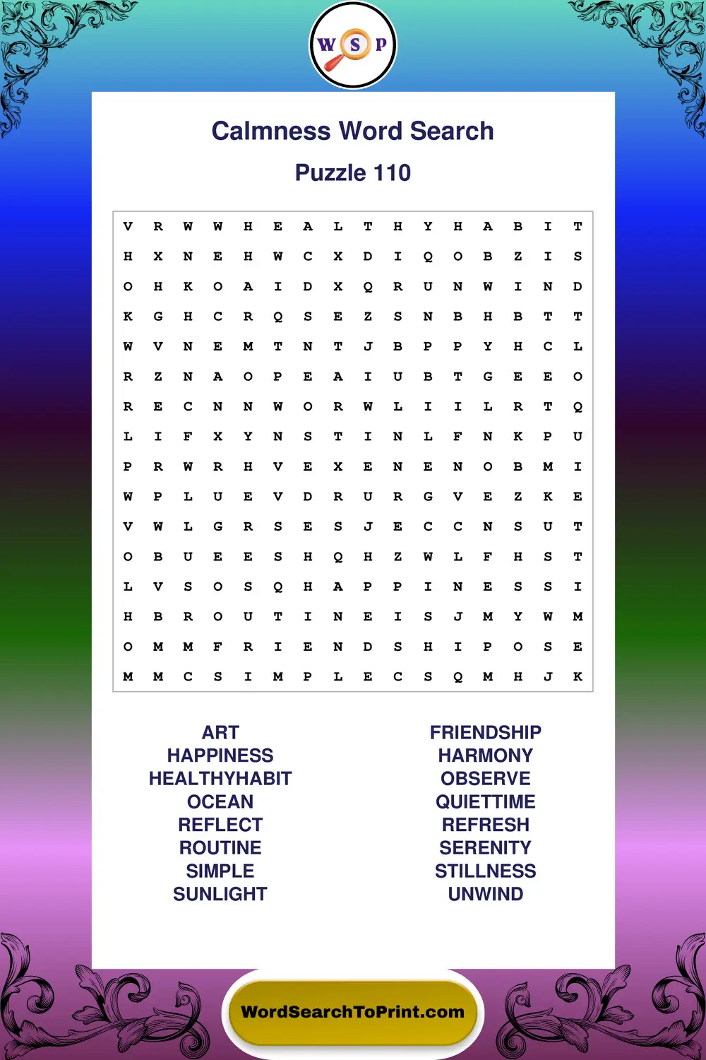 Calmness Word Search Puzzle 110