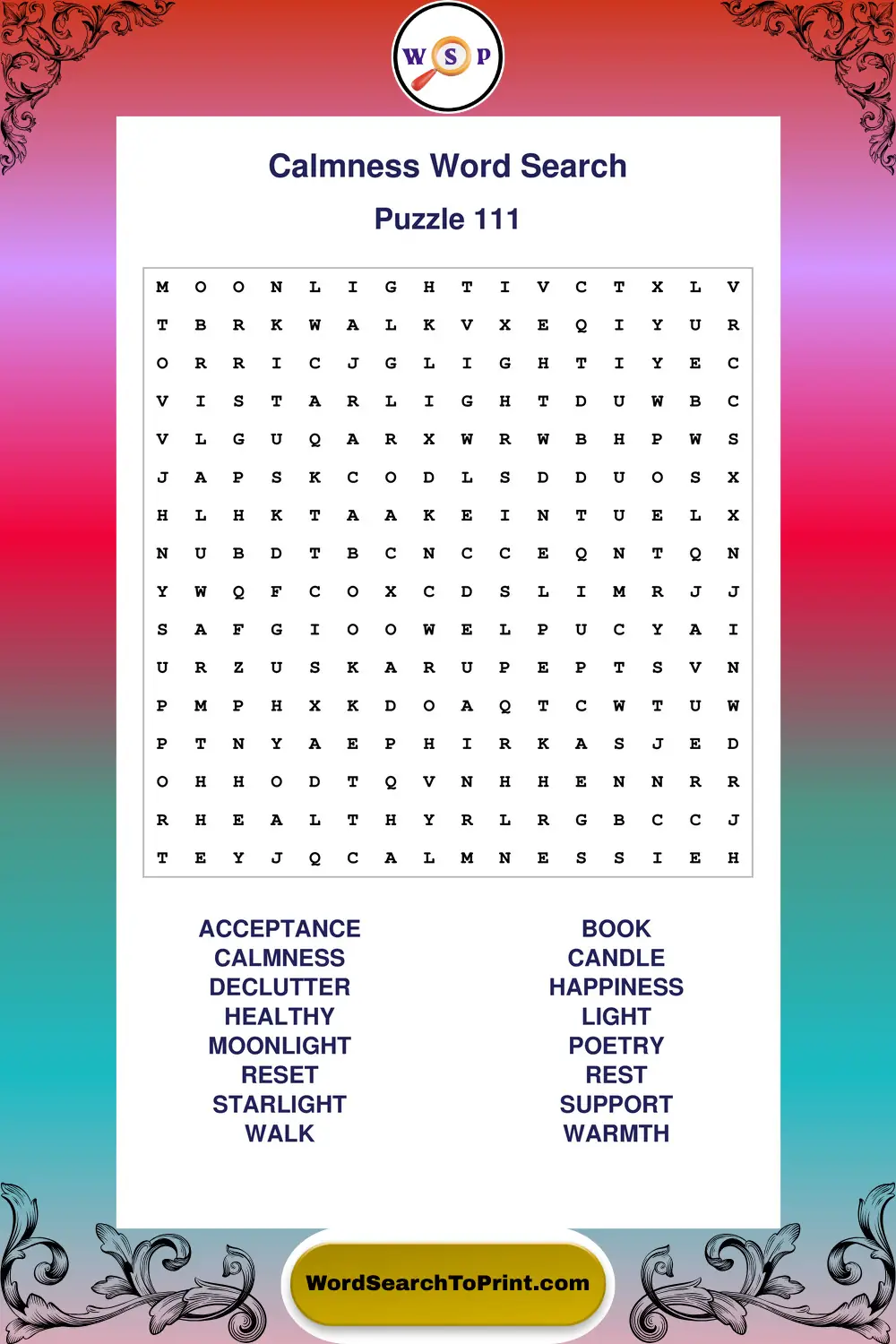 Calmness Word Search Puzzle 111