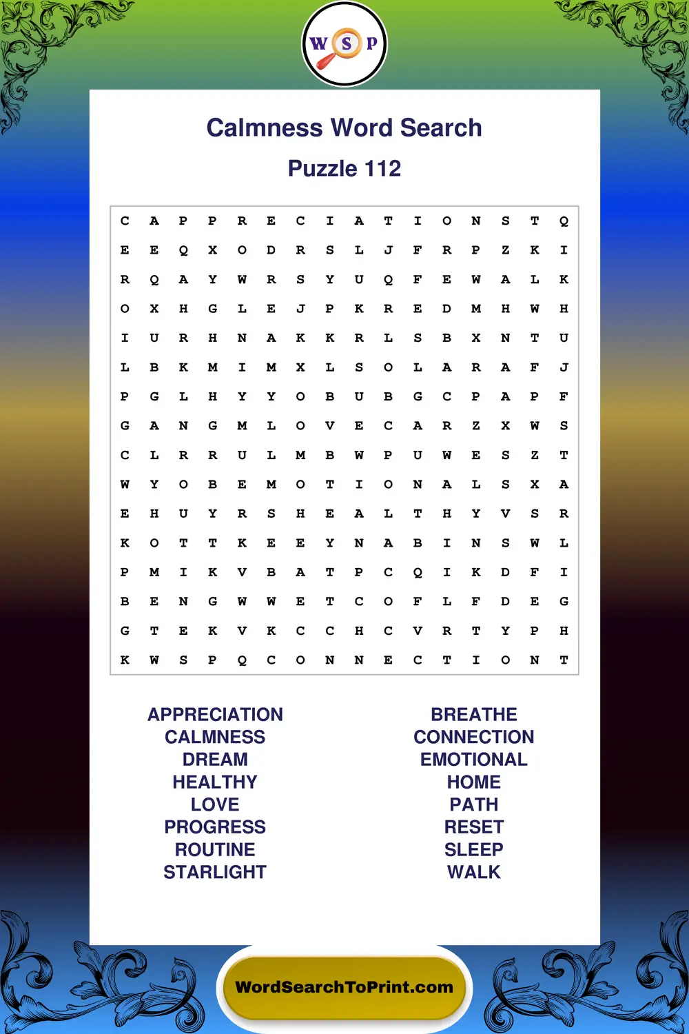 Calmness Word Search Puzzle 112
