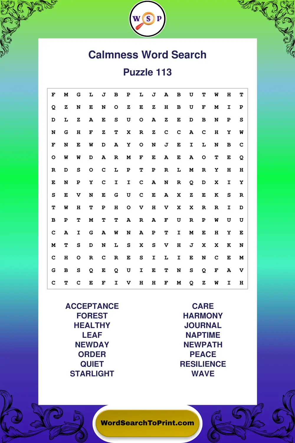 Calmness Word Search Puzzle 113