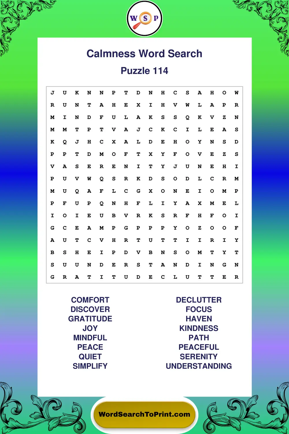Calmness Word Search Puzzle 114