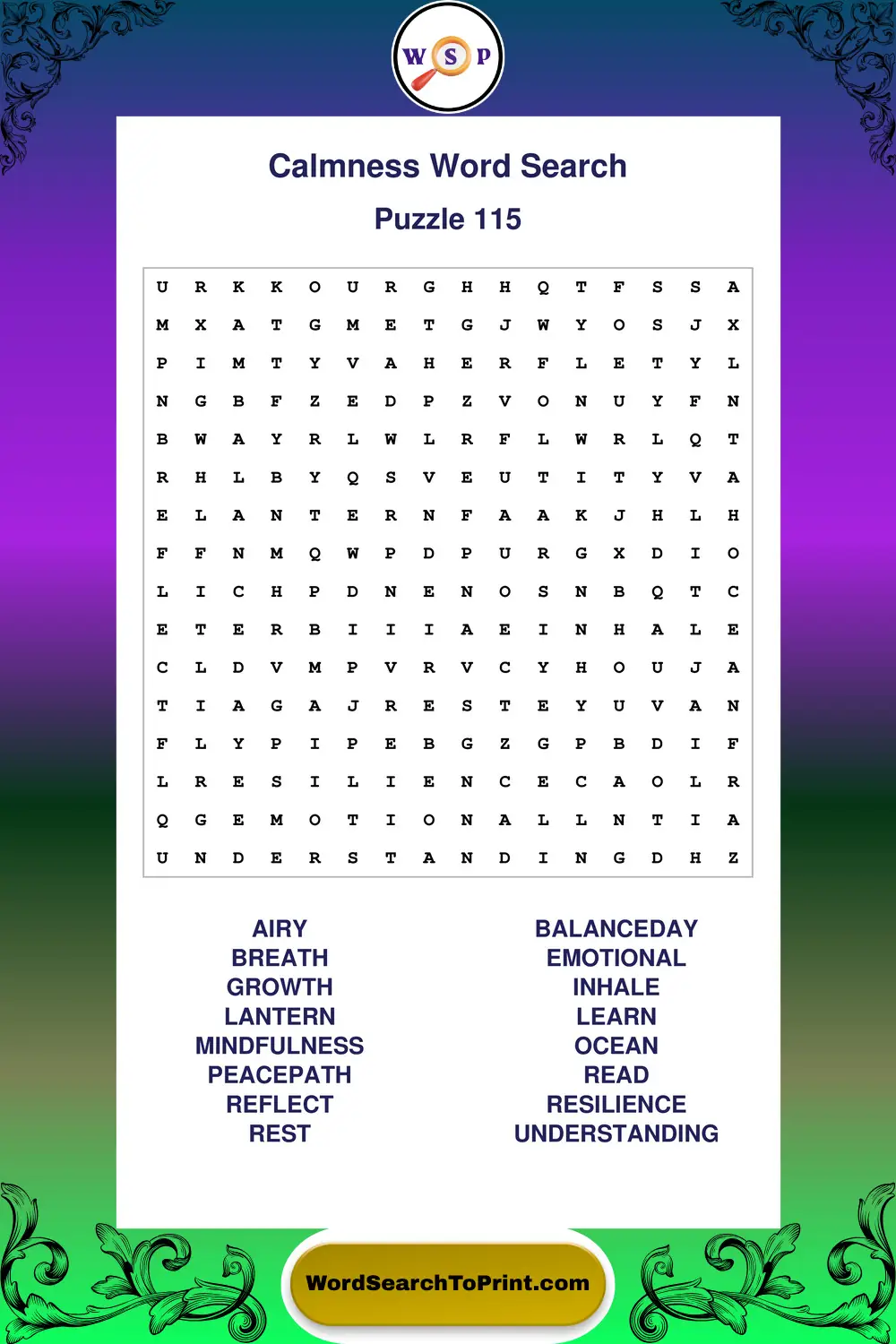 Calmness Word Search Puzzle 115