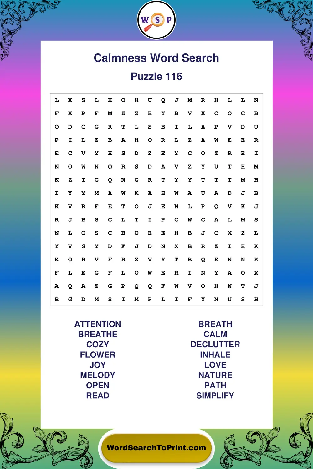 Calmness Word Search Puzzle 116
