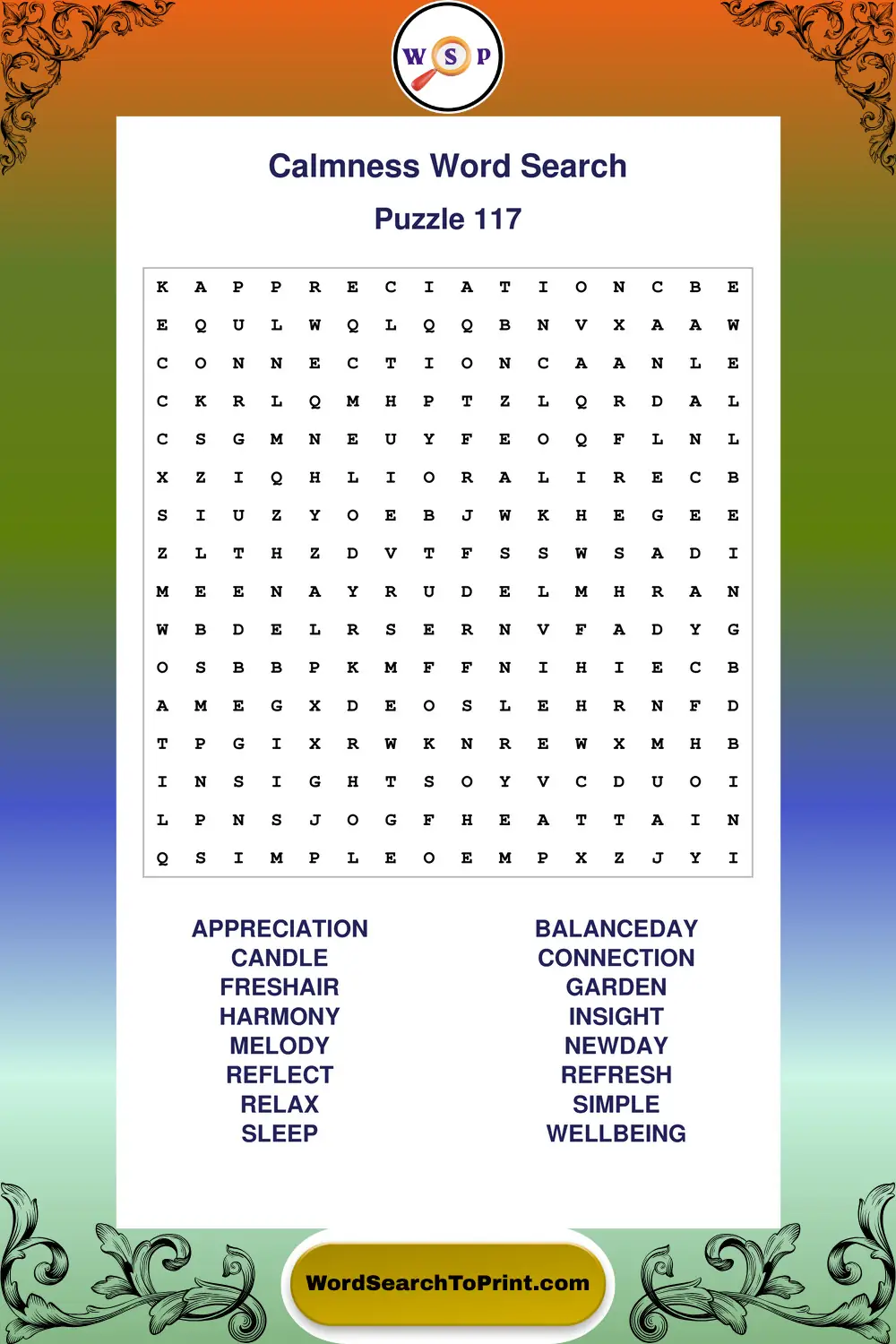 Calmness Word Search Puzzle 117