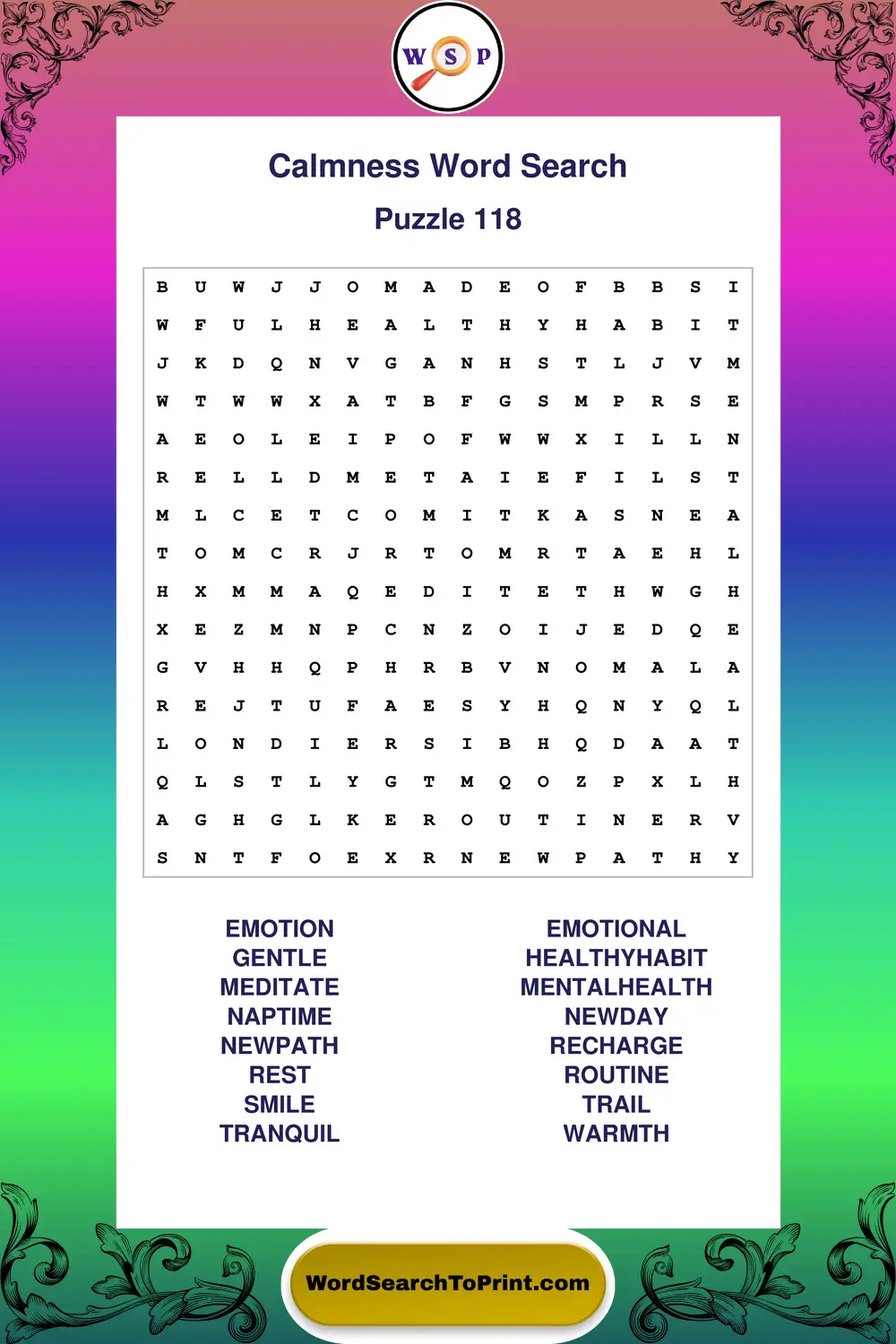 Calmness Word Search Puzzle 118