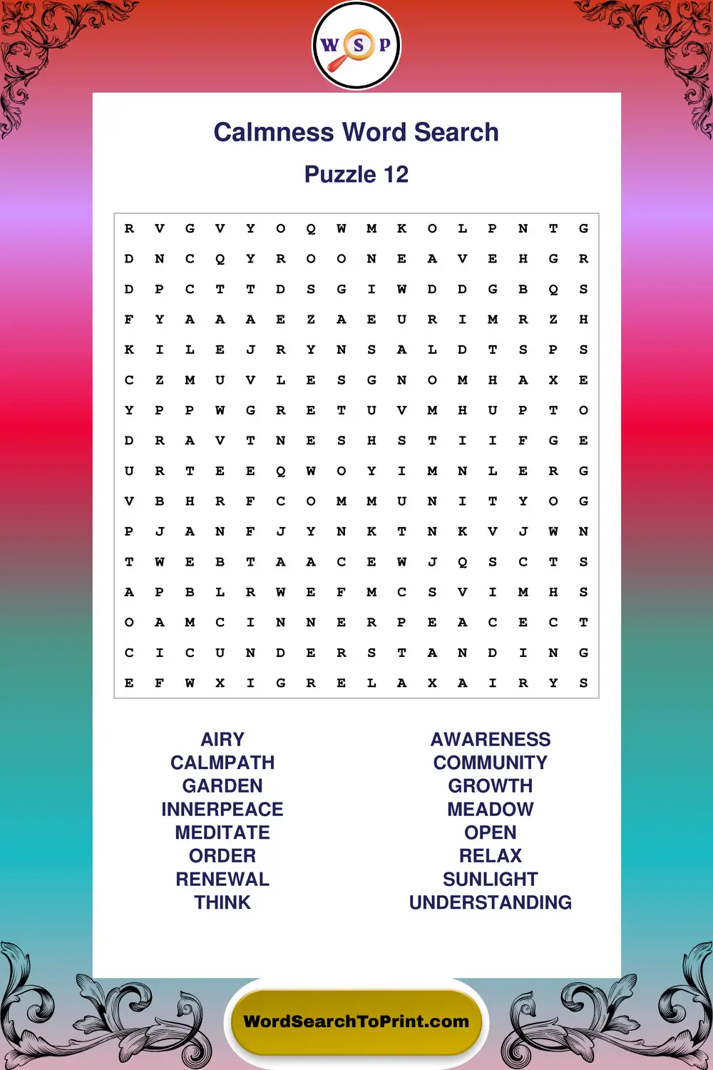 Calmness Word Search Puzzle 12