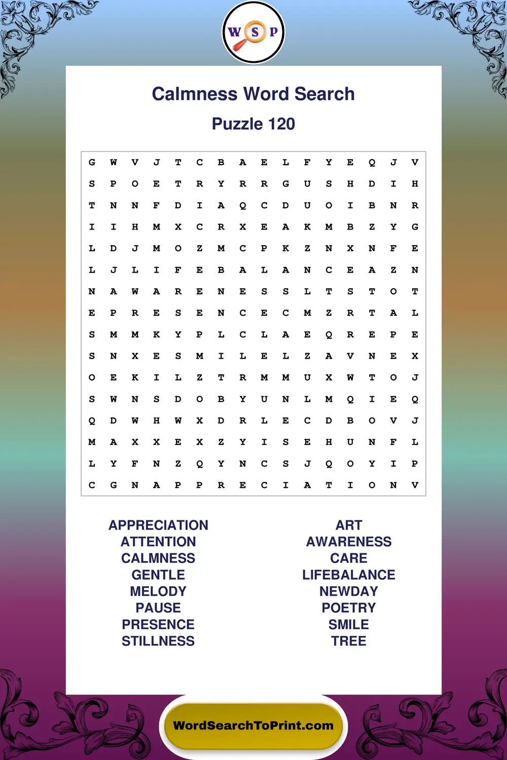 Calmness Word Search Puzzle 120