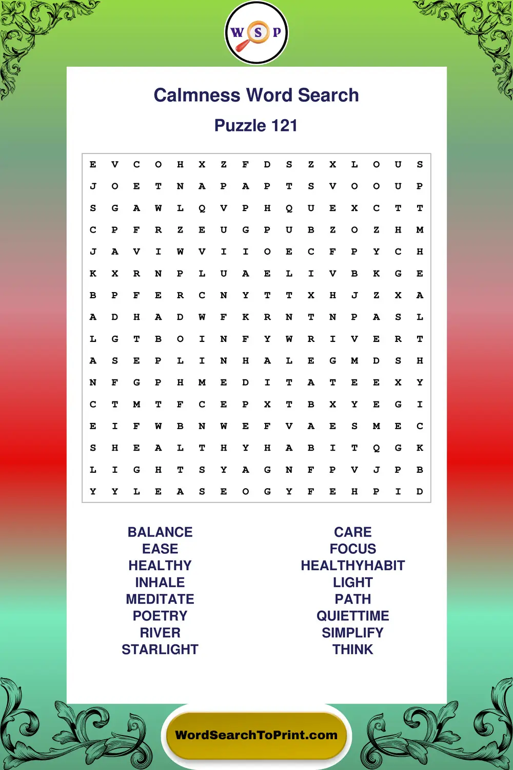 Calmness Word Search Puzzle 121
