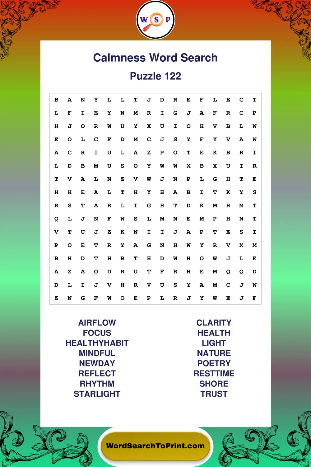 Calmness Word Search Puzzle 122