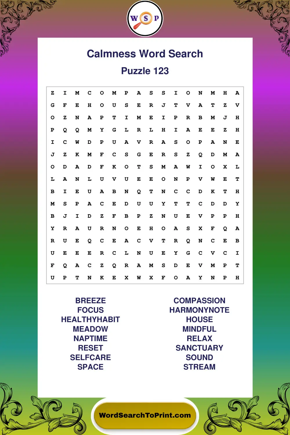 Calmness Word Search Puzzle 123