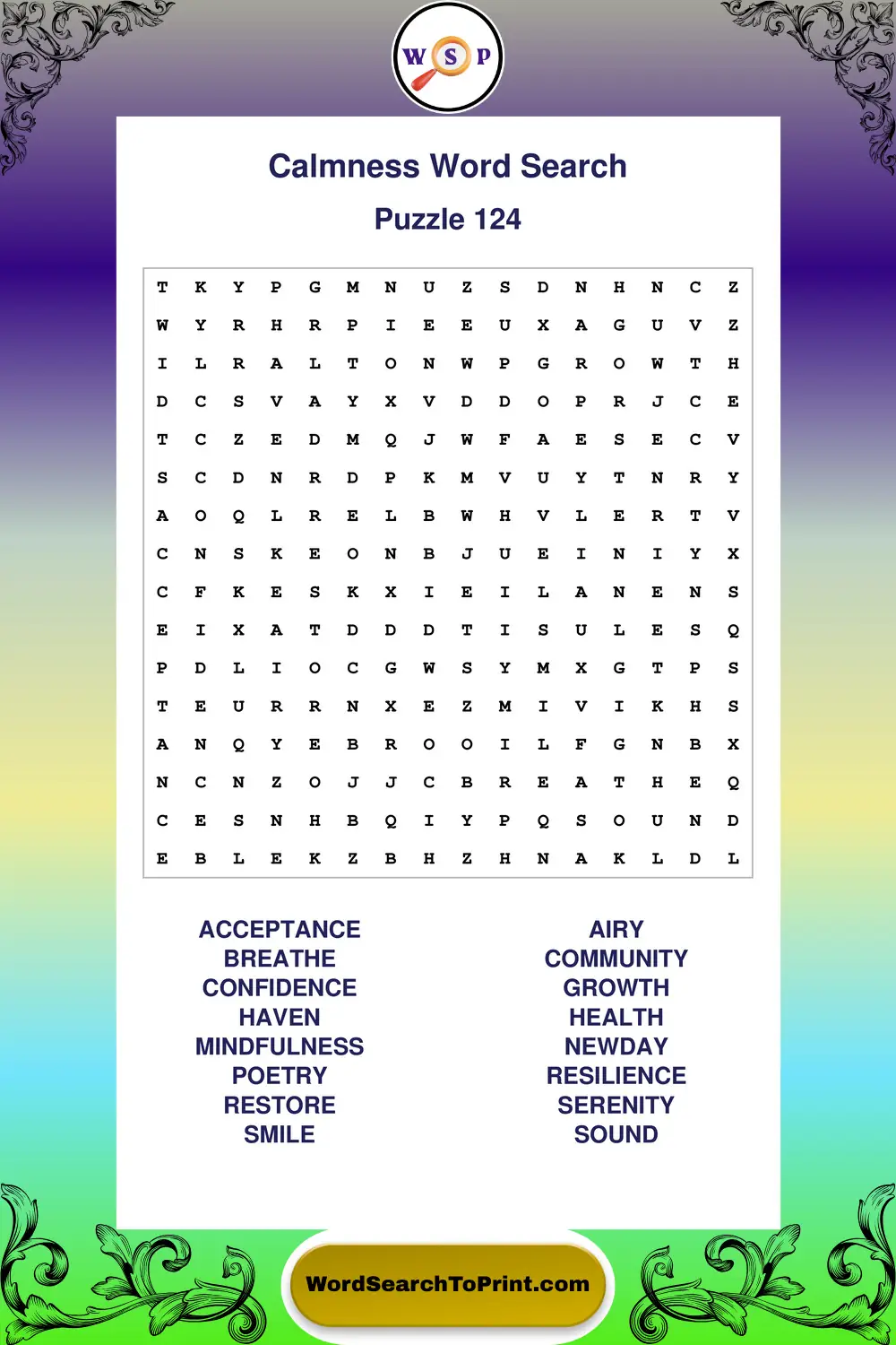 Calmness Word Search Puzzle 124