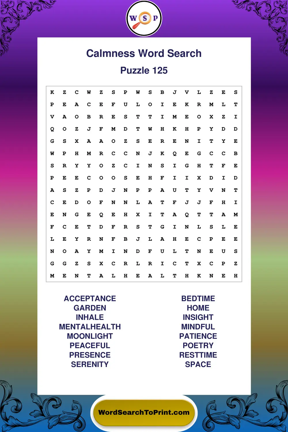 Calmness Word Search Puzzle 125