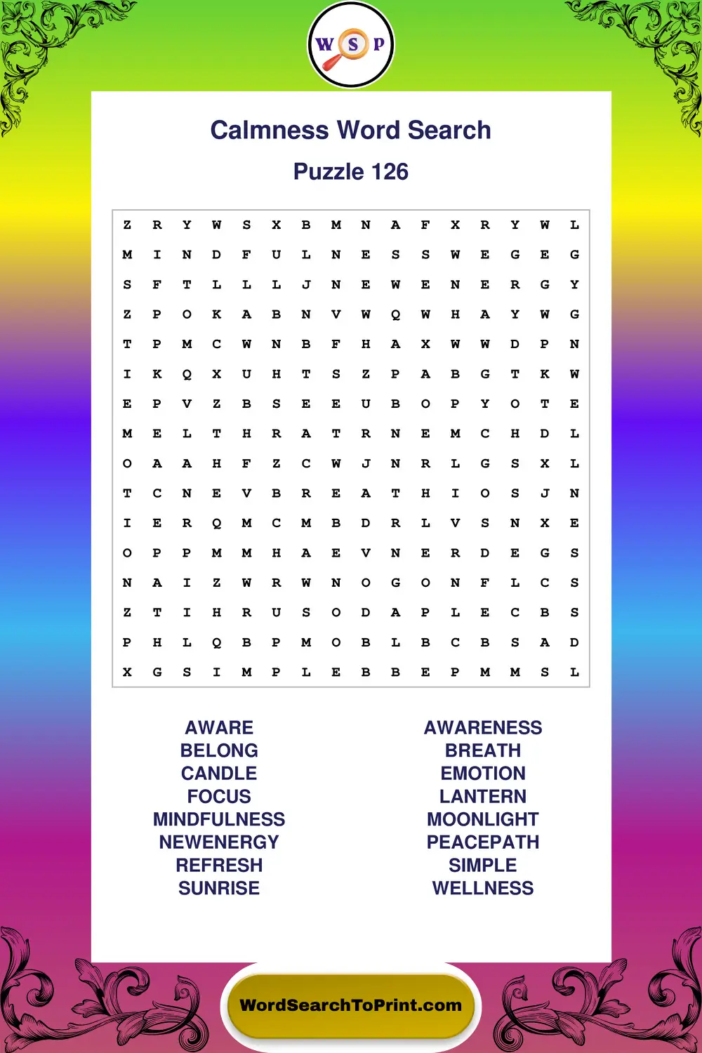 Calmness Word Search Puzzle 126