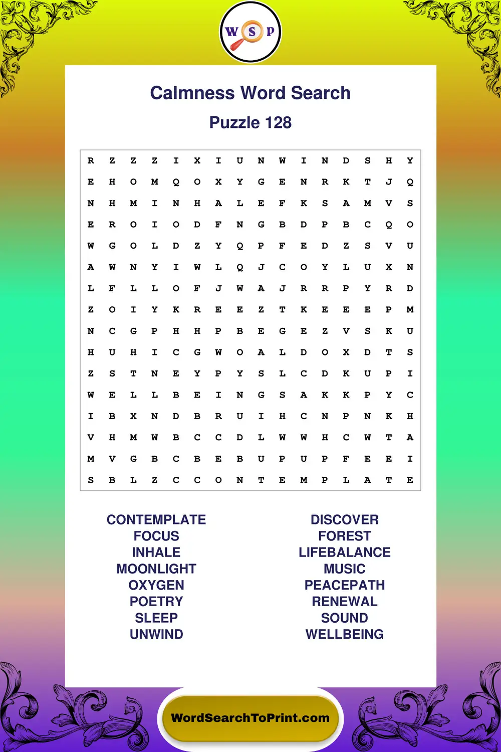 Calmness Word Search Puzzle 128