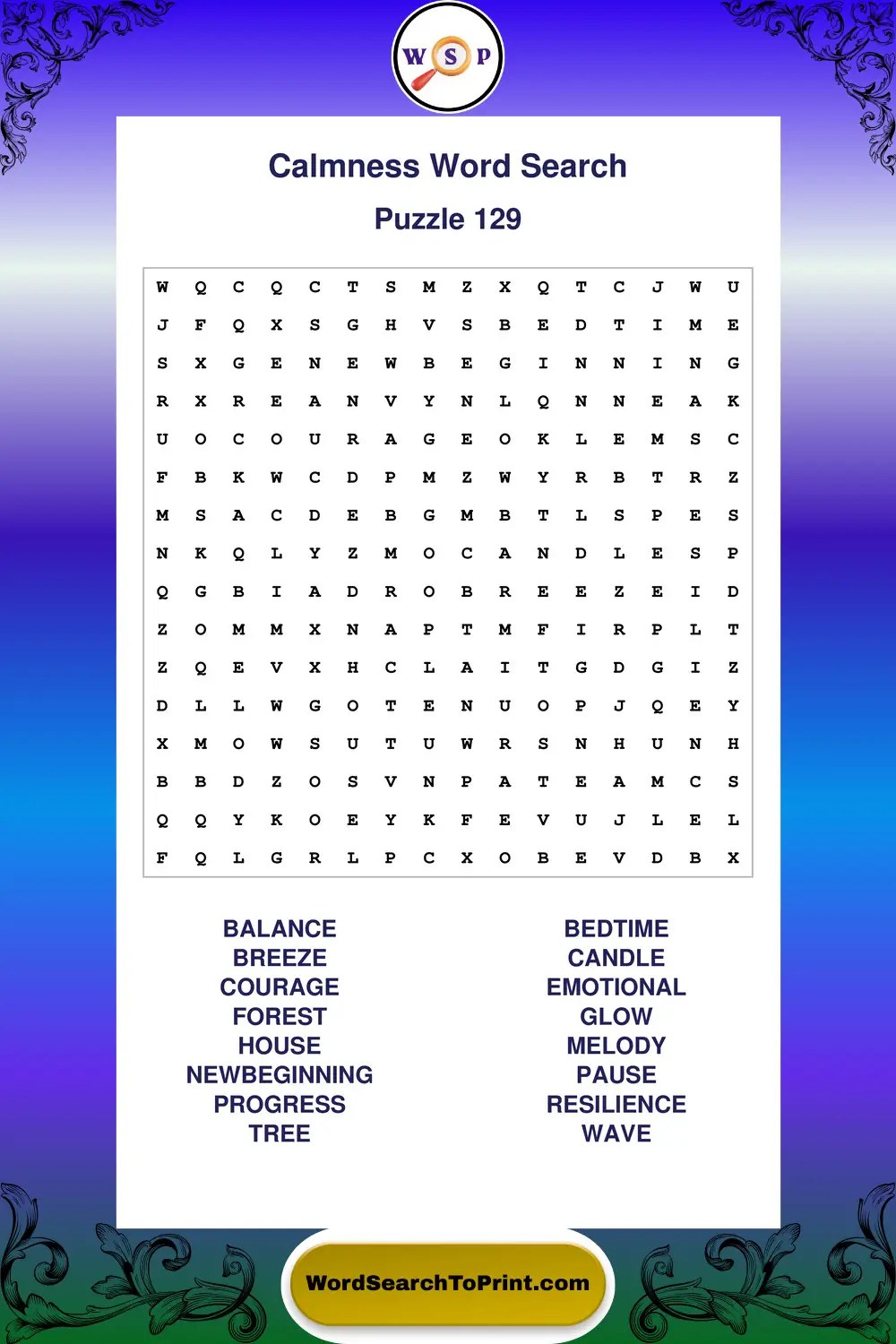 Calmness Word Search Puzzle 129