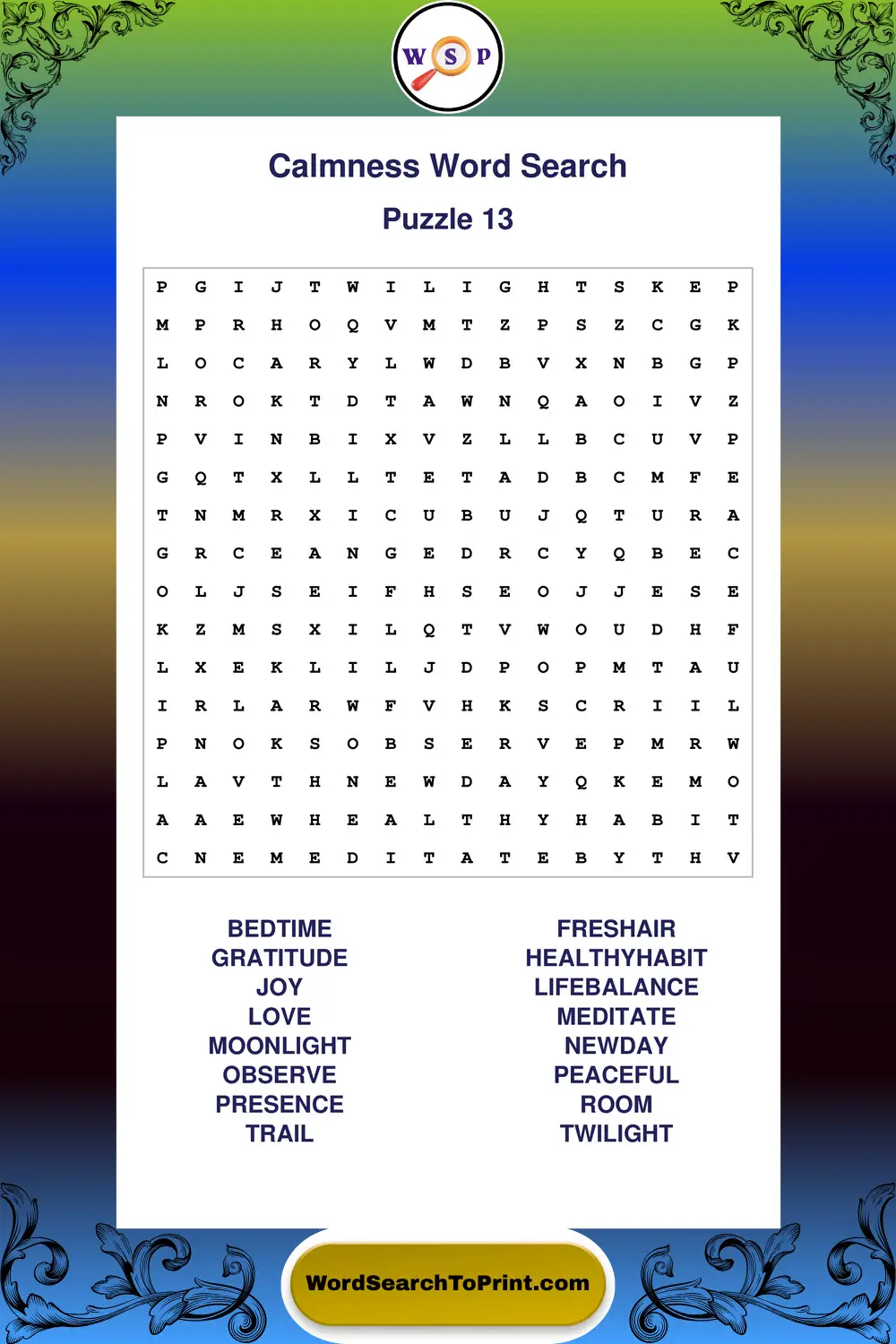 Calmness Word Search Puzzle 13