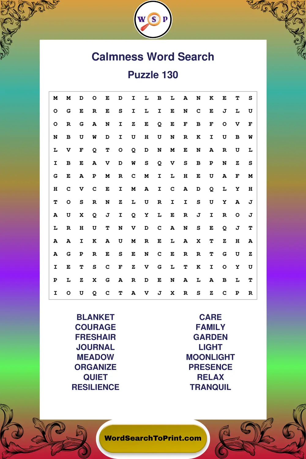 Calmness Word Search Puzzle 130