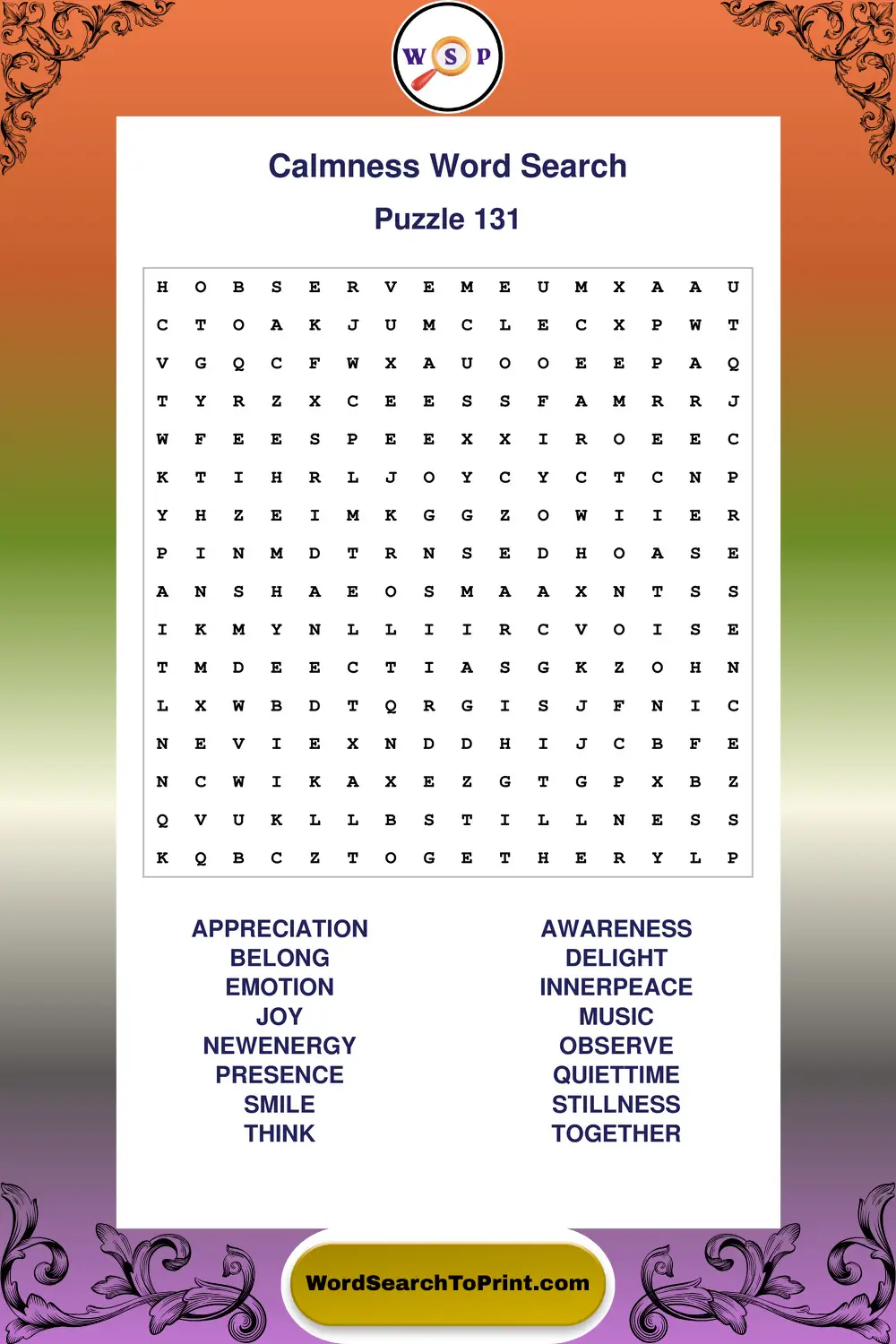 Calmness Word Search Puzzle 131