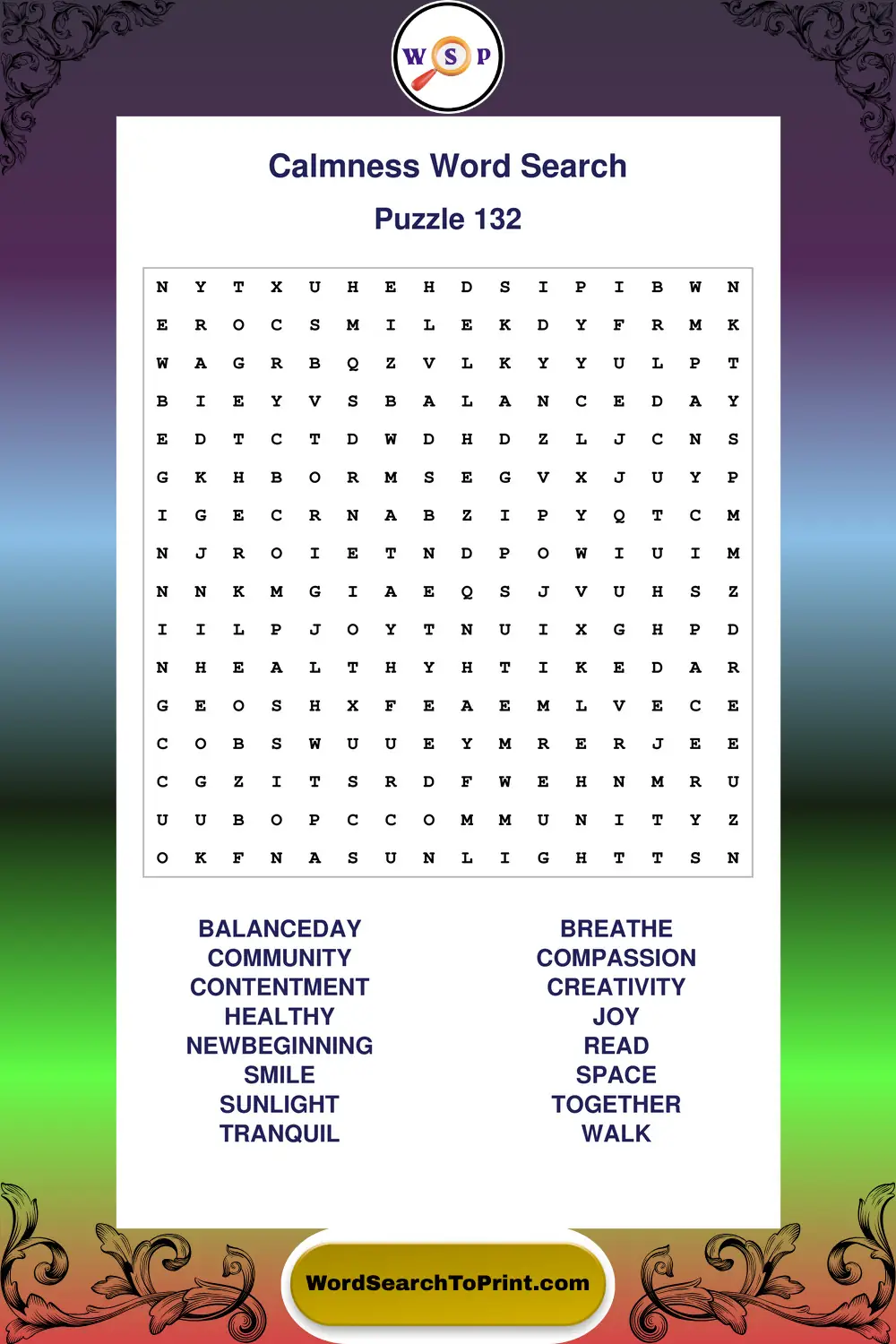 Calmness Word Search Puzzle 132
