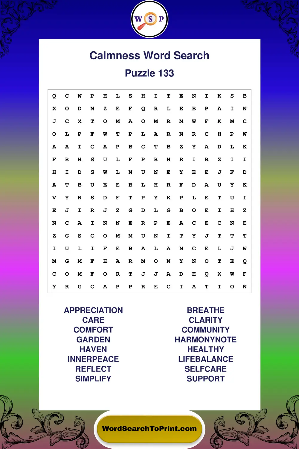 Calmness Word Search Puzzle 133