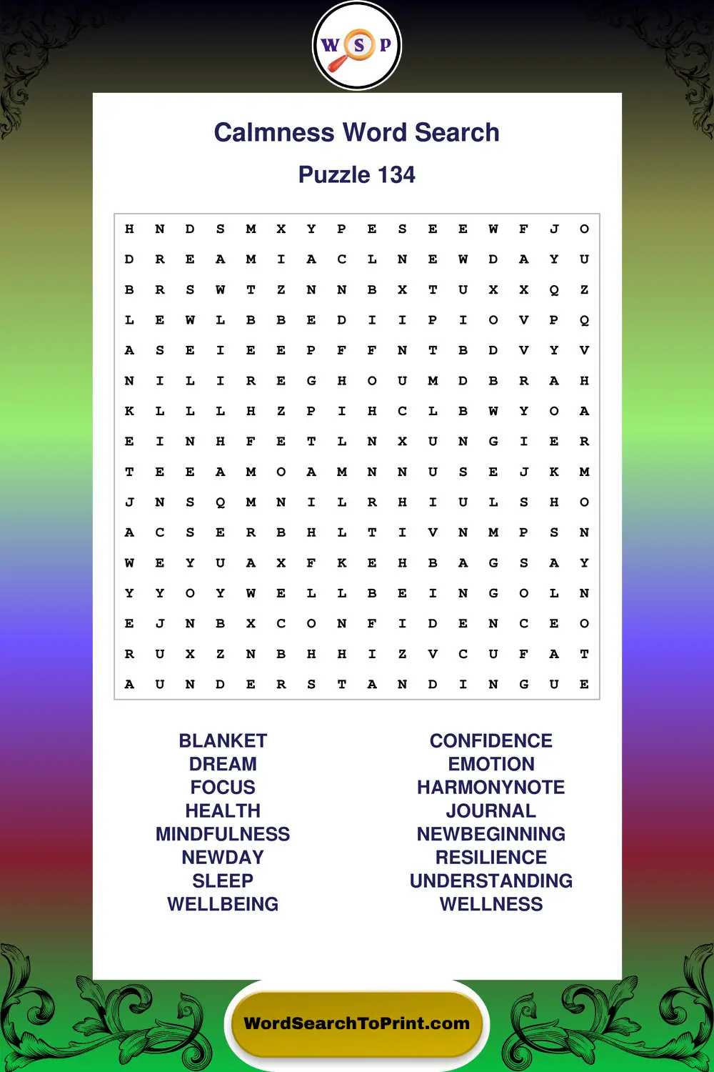 Calmness Word Search Puzzle 134