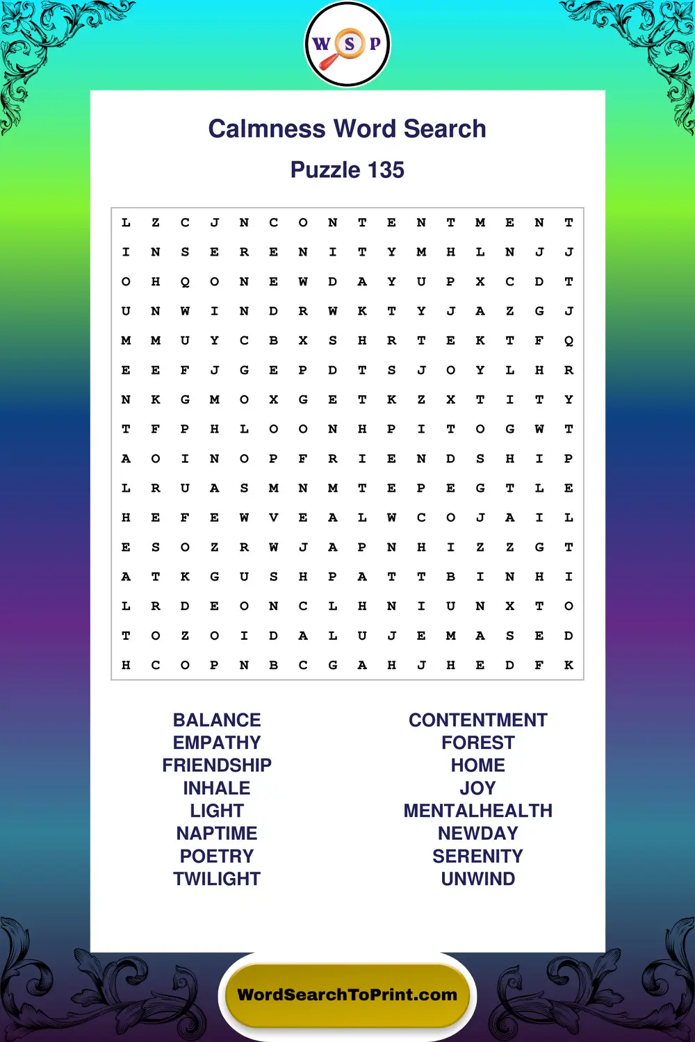 Calmness Word Search Puzzle 135