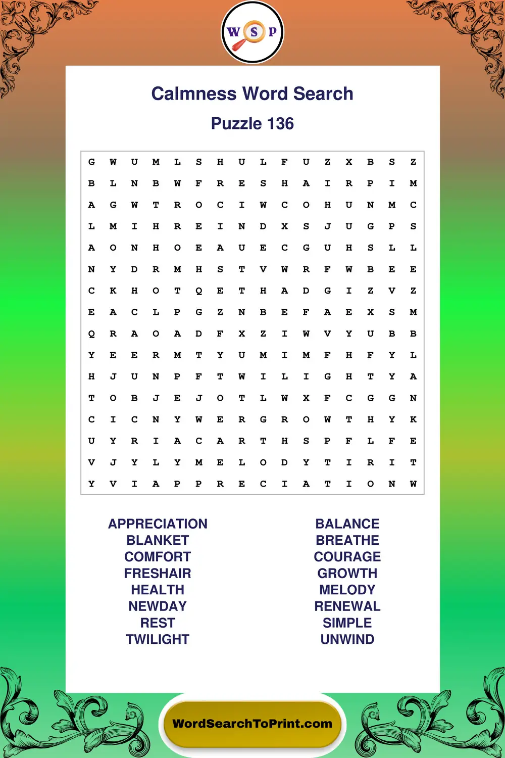 Calmness Word Search Puzzle 136