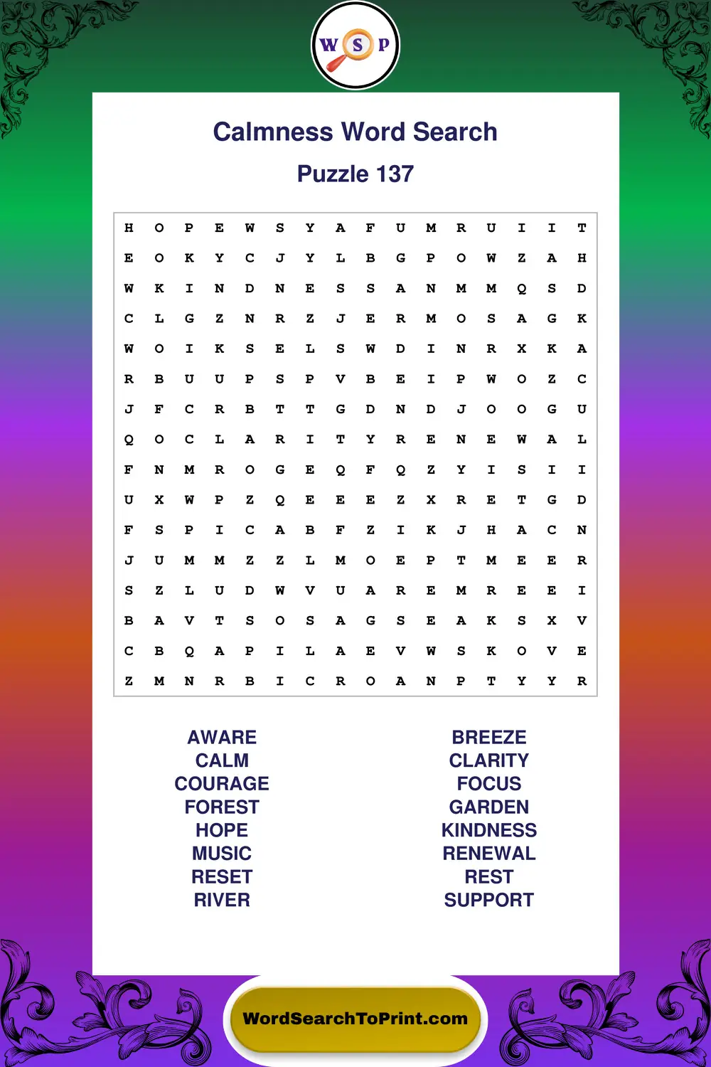 Calmness Word Search Puzzle 137
