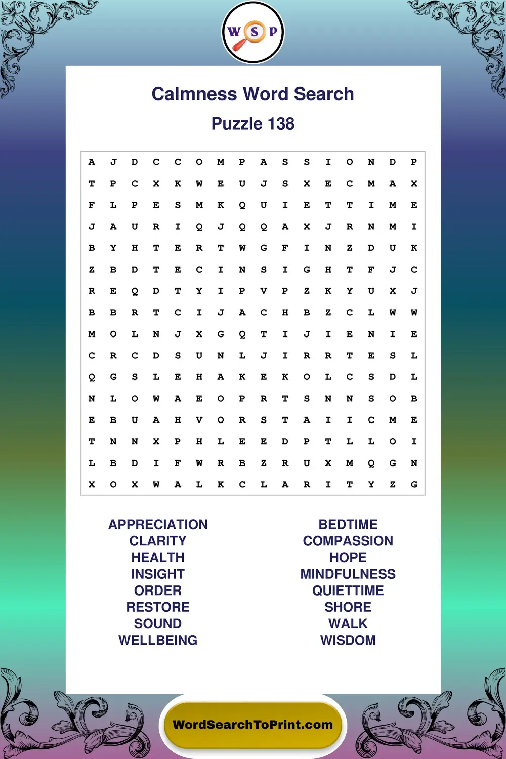 Calmness Word Search Puzzle 138