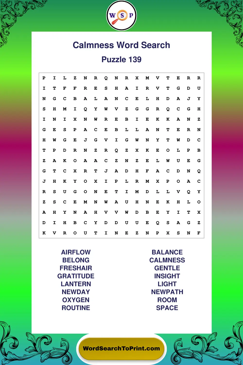 Calmness Word Search Puzzle 139