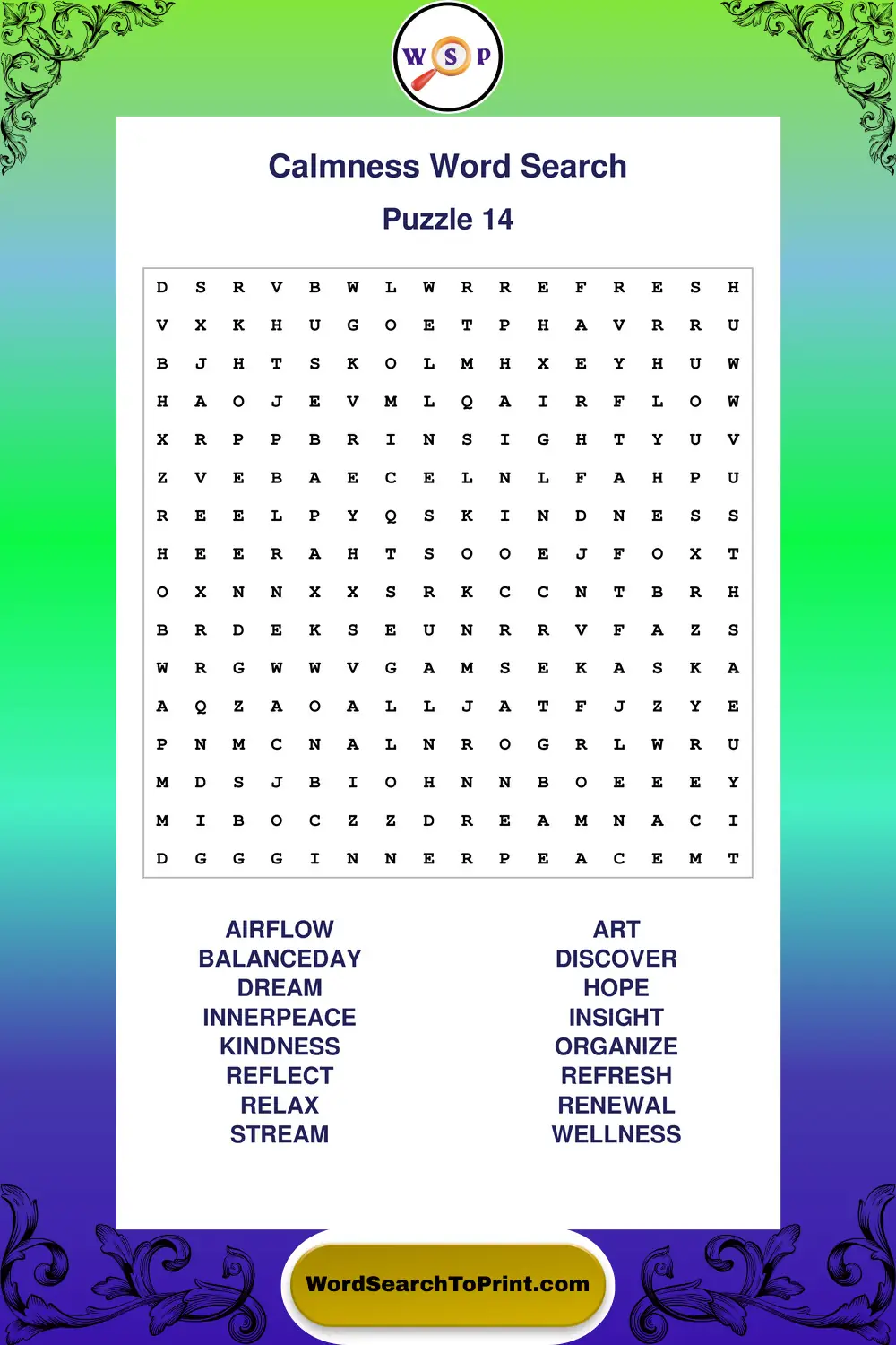 Calmness Word Search Puzzle 14