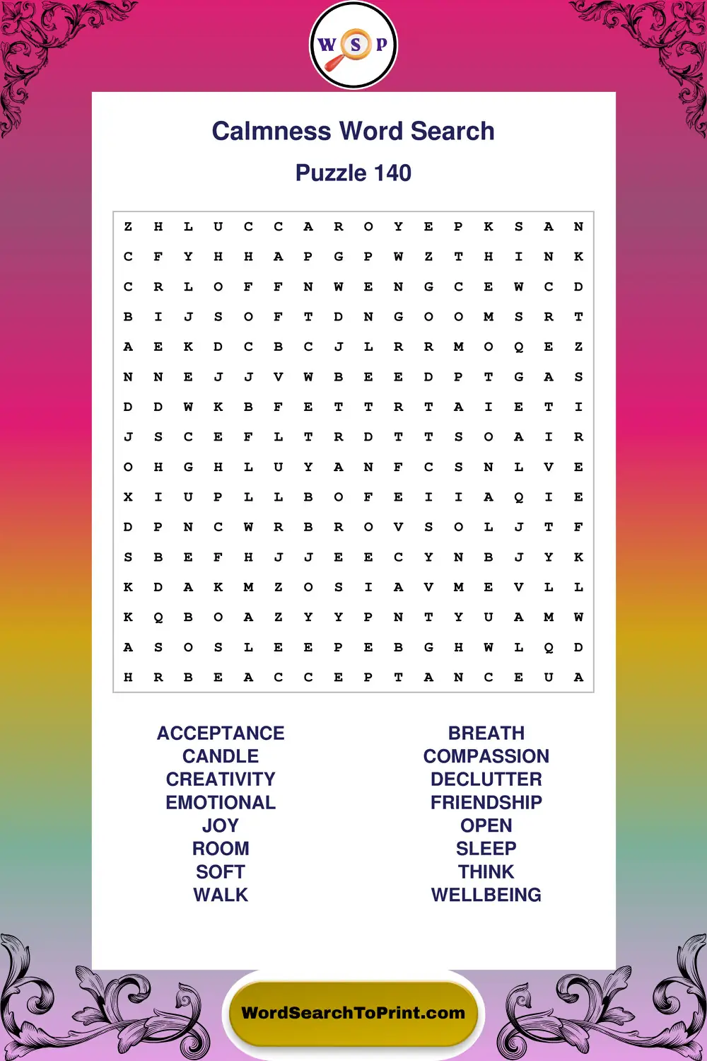 Calmness Word Search Puzzle 140