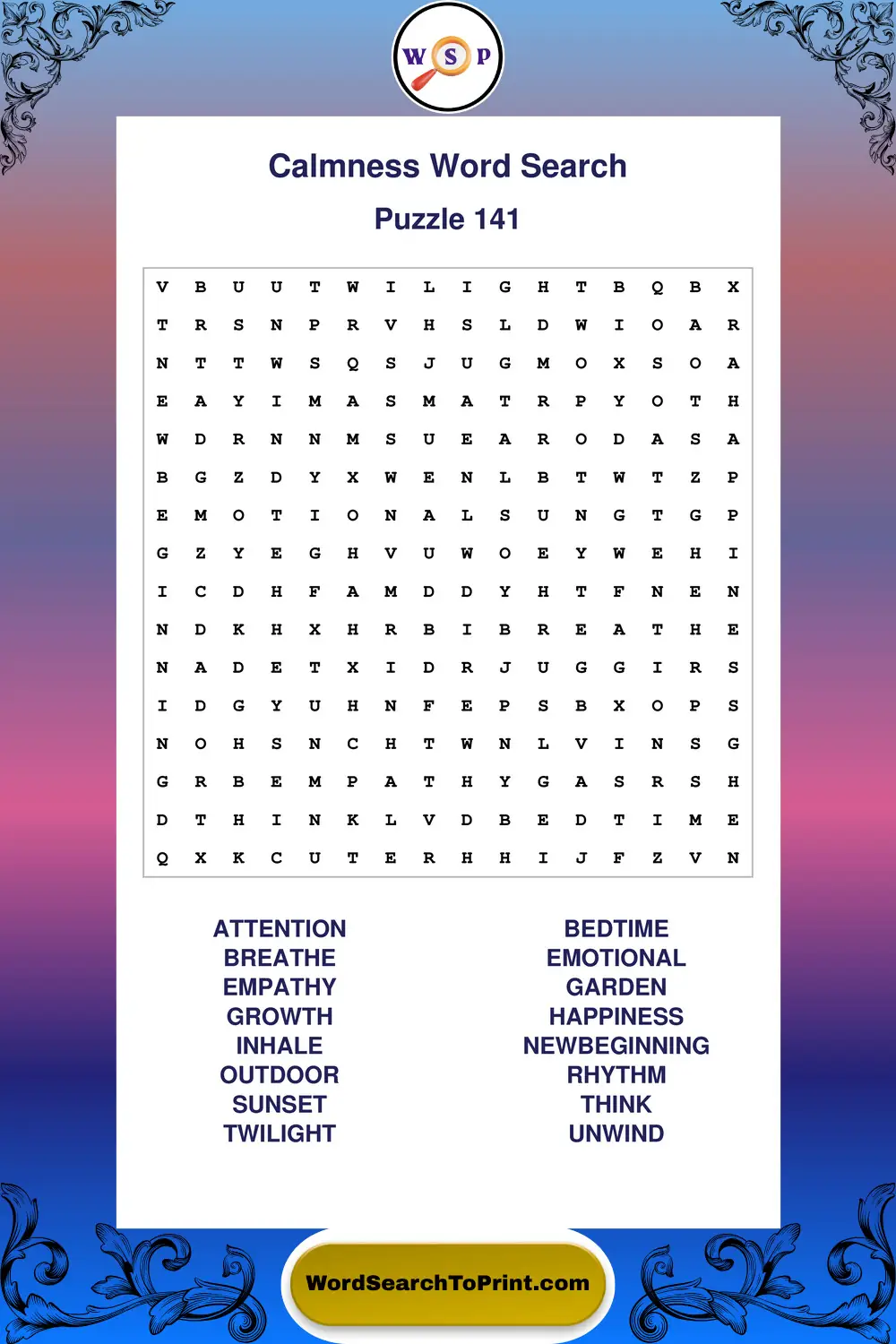 Calmness Word Search Puzzle 141