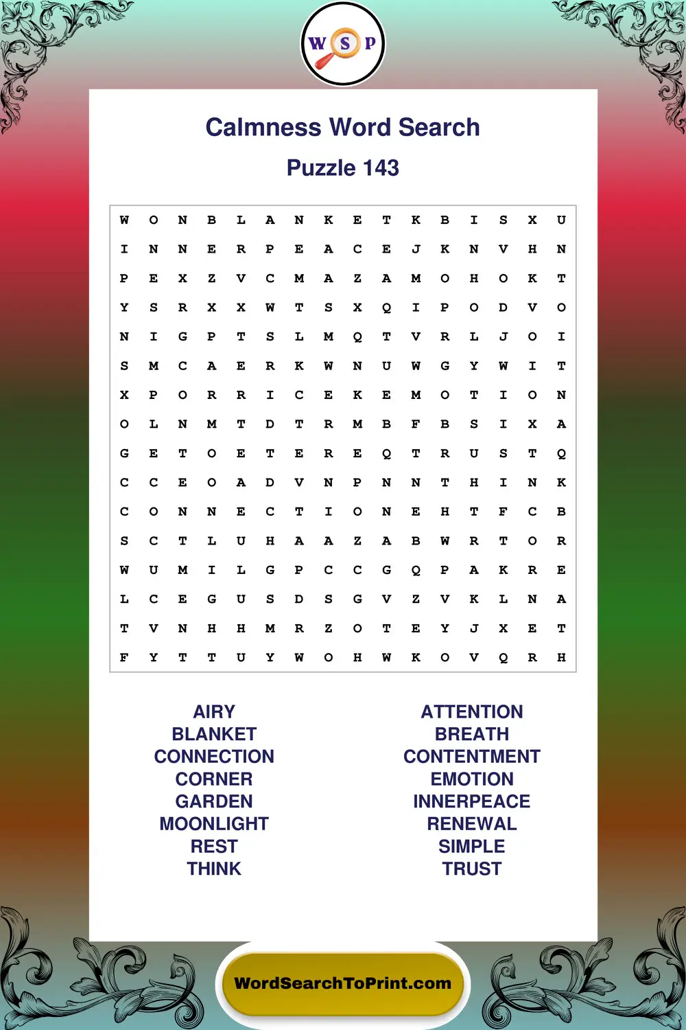 Calmness Word Search Puzzle 143