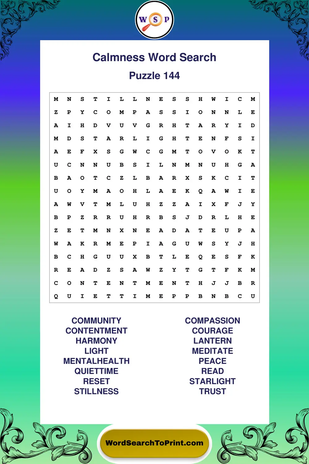 Calmness Word Search Puzzle 144