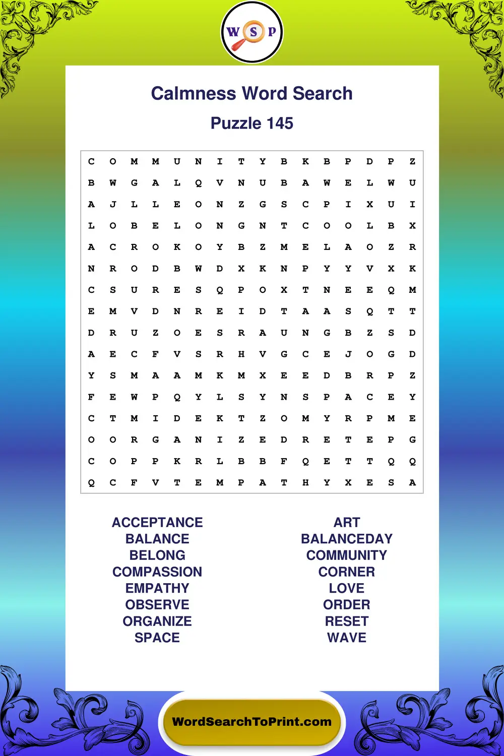 Calmness Word Search Puzzle 145