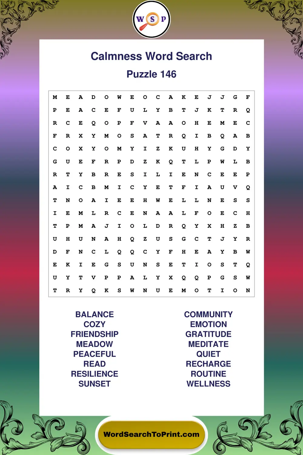 Calmness Word Search Puzzle 146
