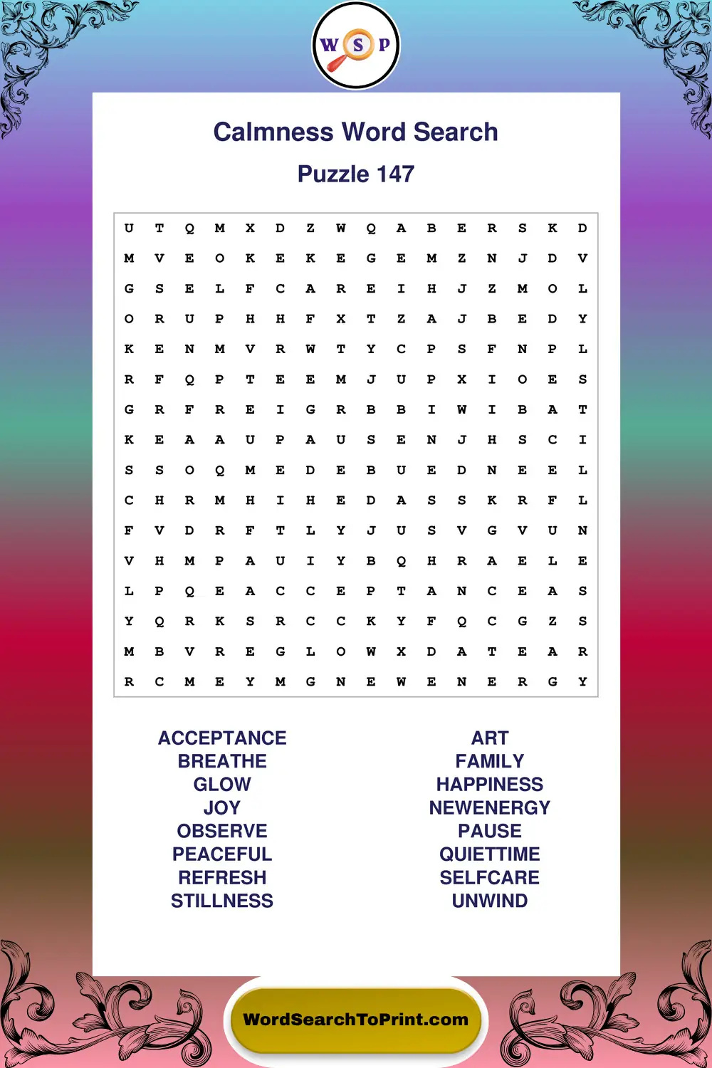 Calmness Word Search Puzzle 147