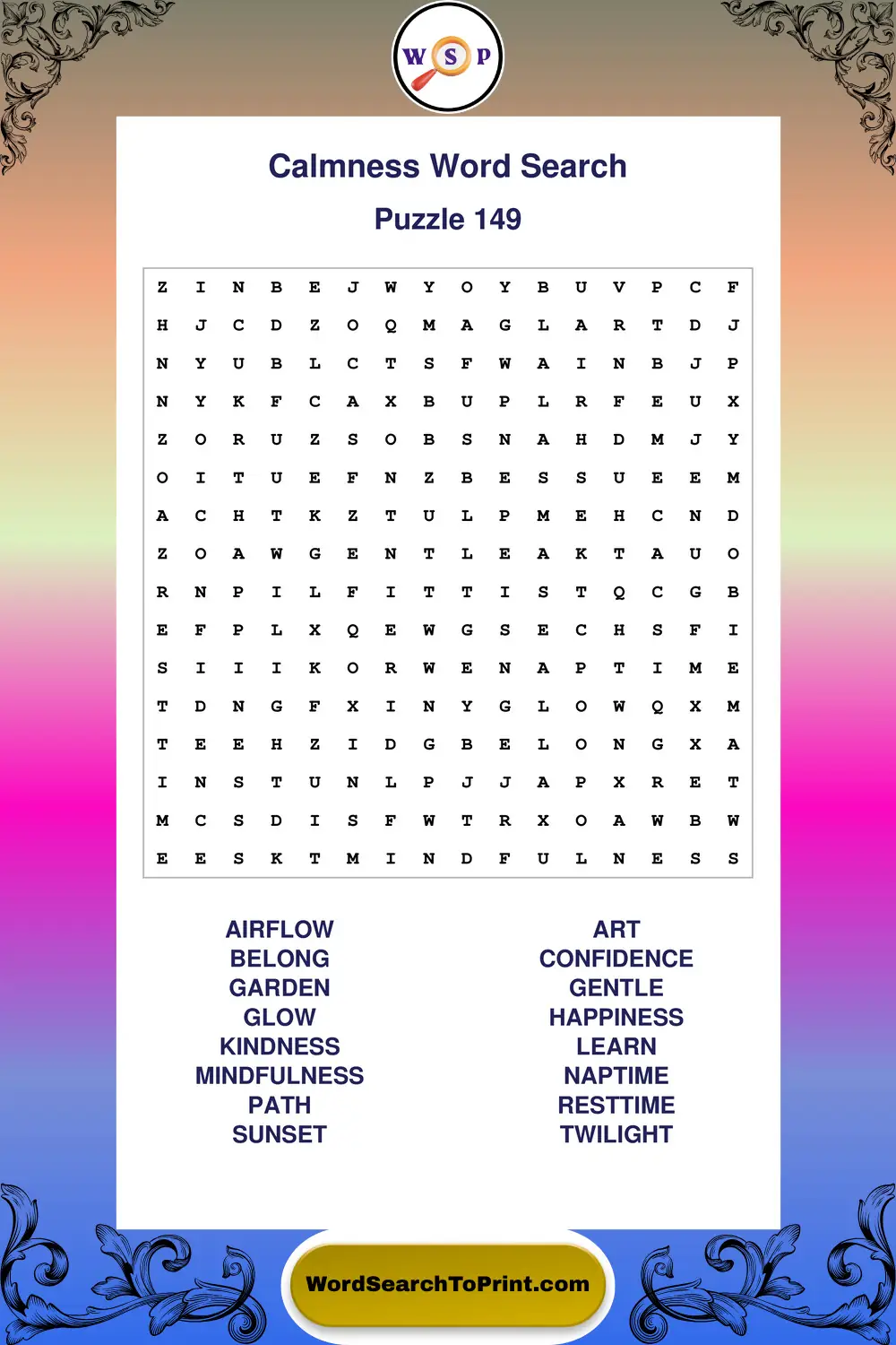 Calmness Word Search Puzzle 149