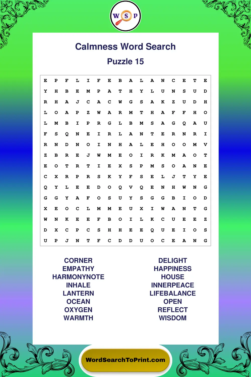 Calmness Word Search Puzzle 15