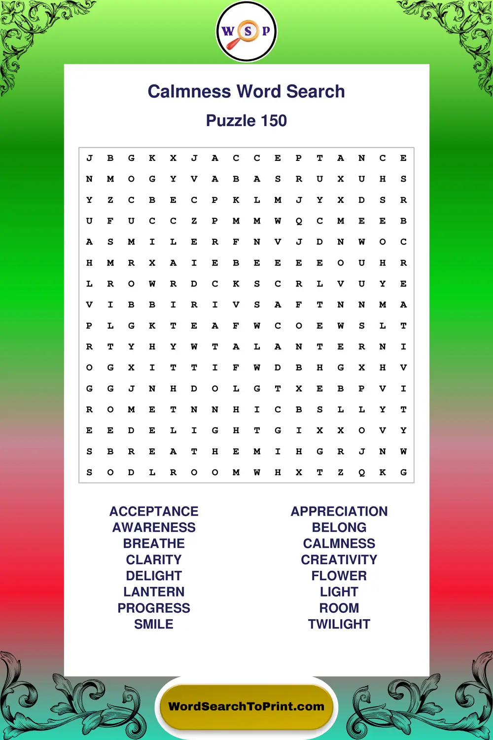 Calmness Word Search Puzzle 150